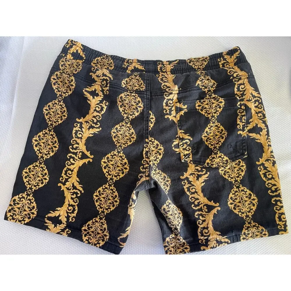 Fresh Black Gold Baroque Print Shorts Men’s Large Stretch Twill Y2K